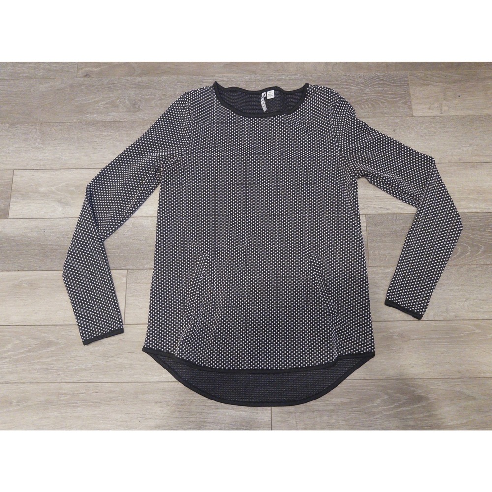 Elle Long Sleeve Top Womens XS Black White Polka Dot‎ Curved Hem Pockets